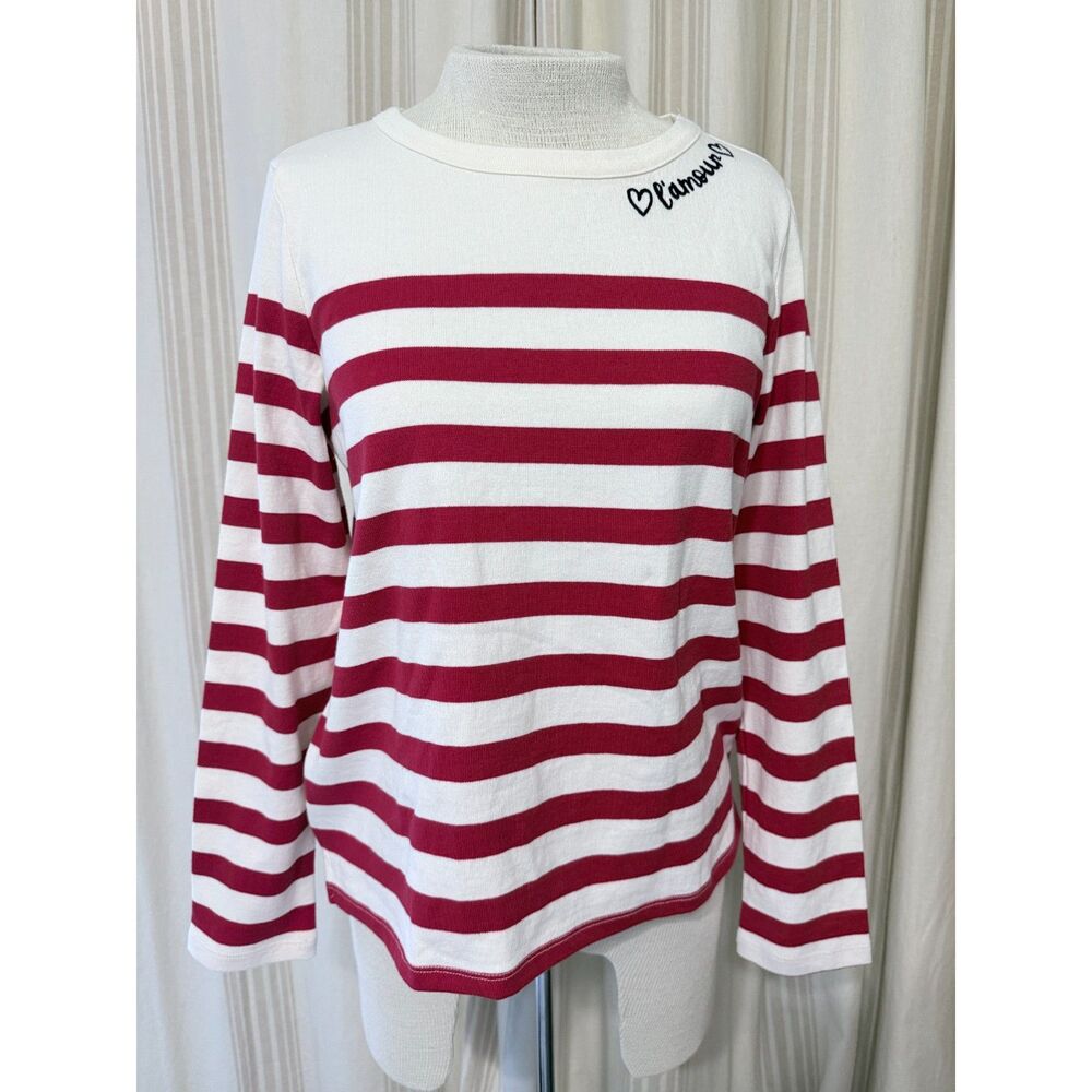 Red White Striped L’Amour Cotton Sweater Size Small